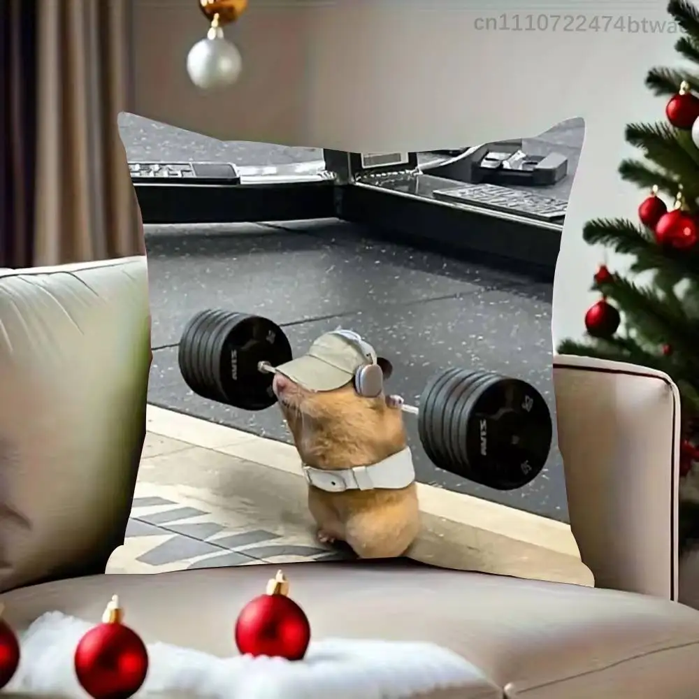 Gym Muscle Hamster Meme Cute Pillow Case For Sofa Bedroom Living Room Plush Cushion Cover Decorations and Protector