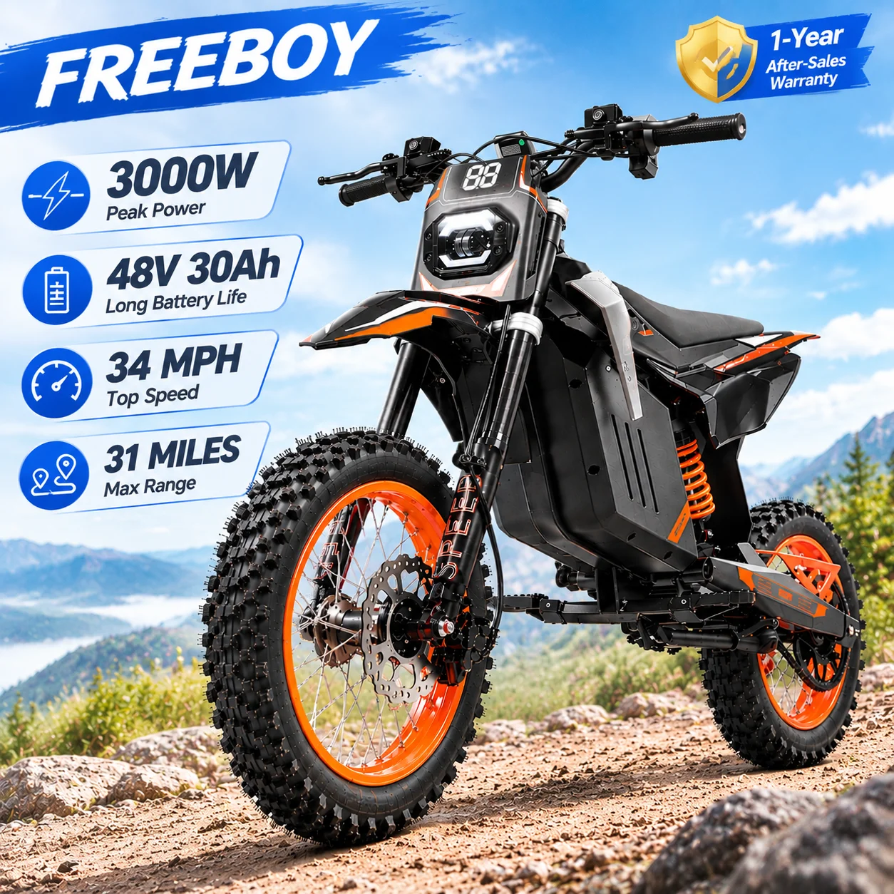 FREEBOY 3000W Mid Drive Electric Bike for Adults & Teens, 48V 30Ah Battery, 34MPH Fast Off Road E-Bike, 31 Miles Range, 14