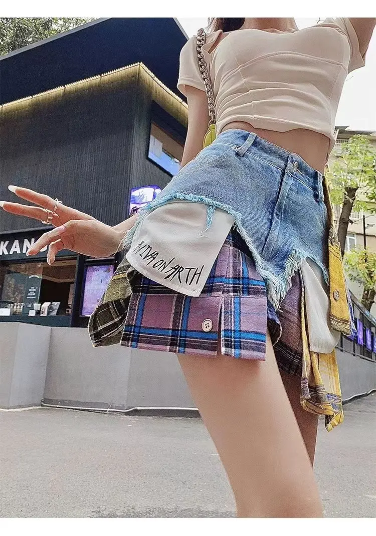 European And American Spice Girls High Waist Skirt 2024 Summer New Women Denim Skirts Colored Plaid Patchwork Irregular Clothing