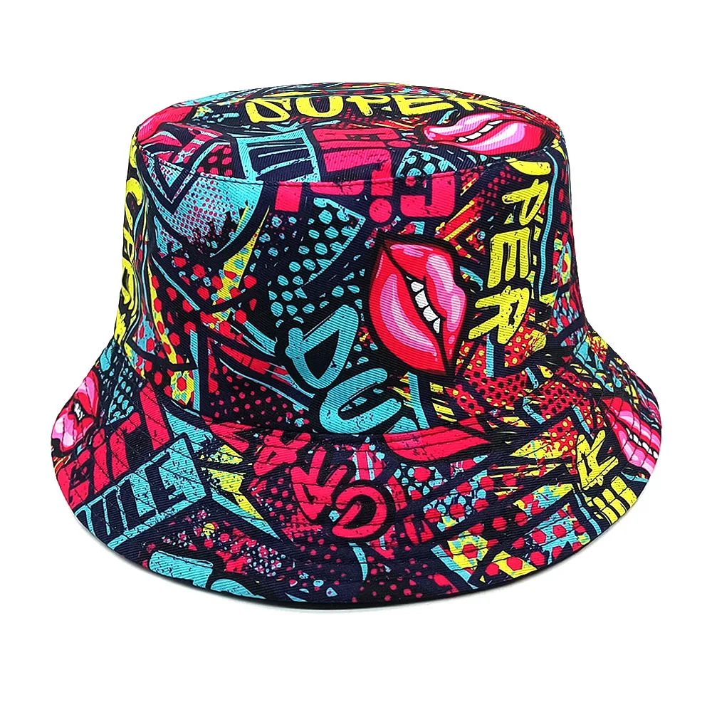 Women Men Hip Hop Graffiti Print Bucket Hat Summer Outdoor Sun Protection Fisherman Hat Casual Street Style Panama Travel Beach