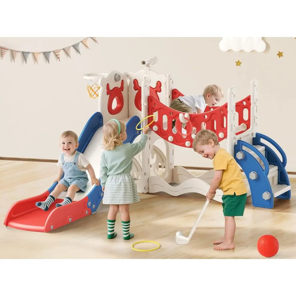 10 in 1 유아 놀이 세트: 미끄럼틀, 미술판, 골프, 농구, 수납함, 1-3세용, 실내 및 실외 사용 가능 (블루/레드)
