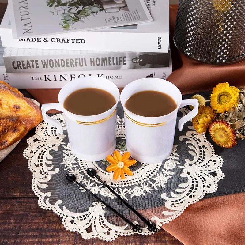 ^1Pc Plastic Coffee Mugs 8 OZ Coffee Cups With Handle White Gold Rim Disposable Tea Cup Soup, Espresso Mug, Hot Or Cold Drinks.