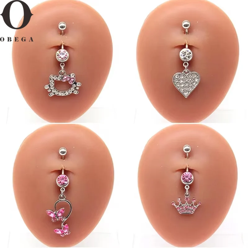 Obega Sweet Butterfly Crown Heart Drop Belly Button Pink White Crystal Stone Hellokitty Dangle Navel Button Women's Jewelry