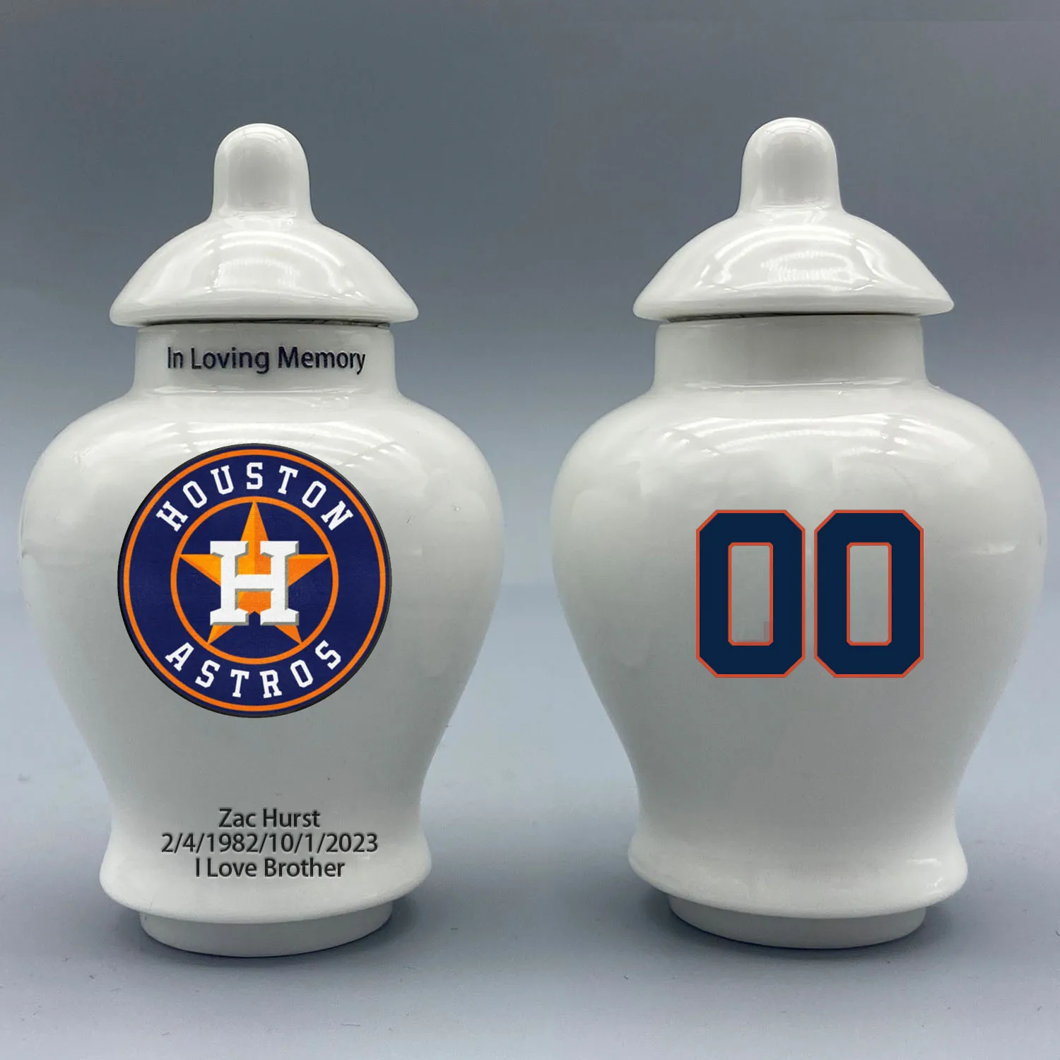 

Mini Urn for Houston Astros-Baseball themed.Please send me the customization information - name/date and number on the urn