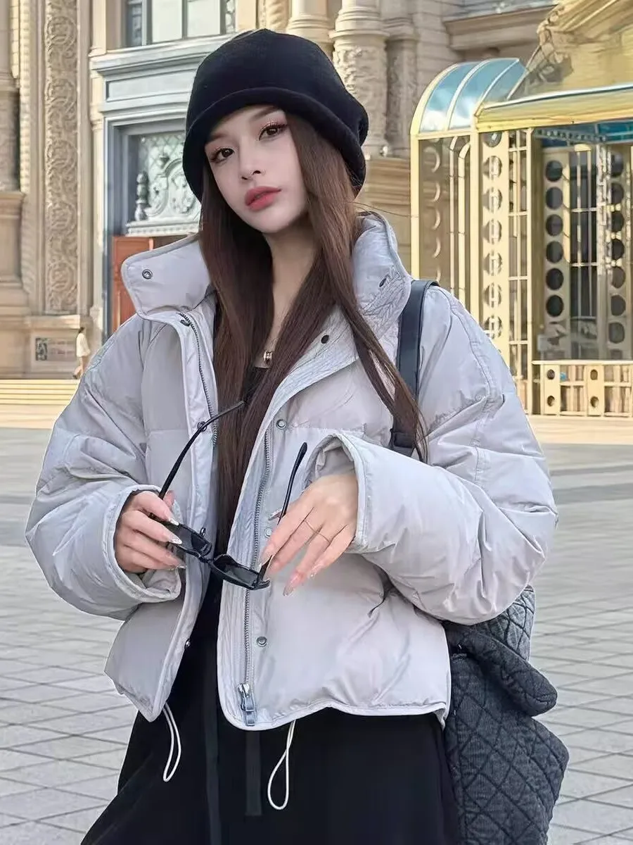 

Korean Style Women's Short Puffer Jacket Thickened Stand Collar Bread Coat Warm Daily Wear Commuting Outerwear for Ladies