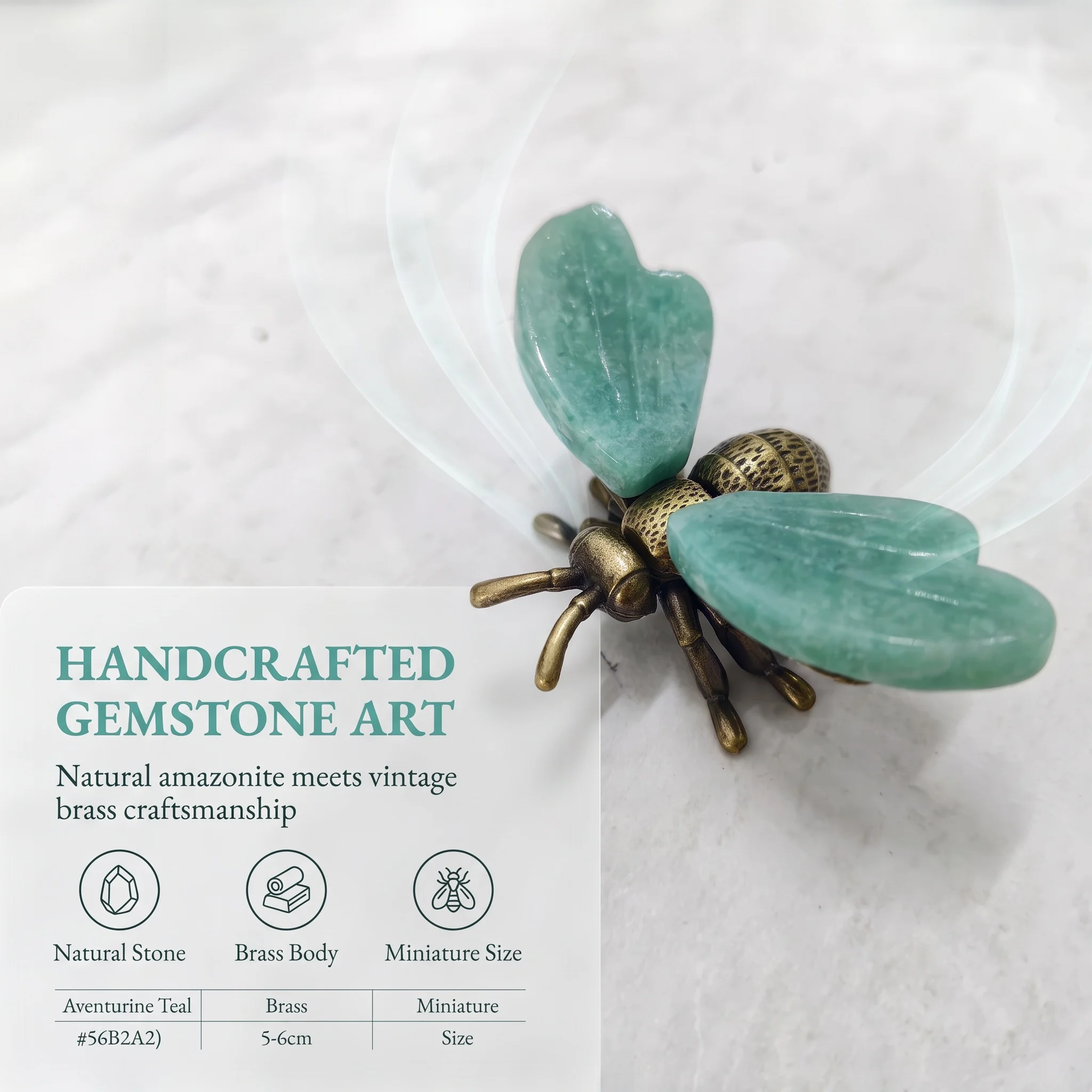 Vintage Amazonite Bee Figurine Handmade Stone Metal Bee Ornament Desktop Decor Paperweight Gift