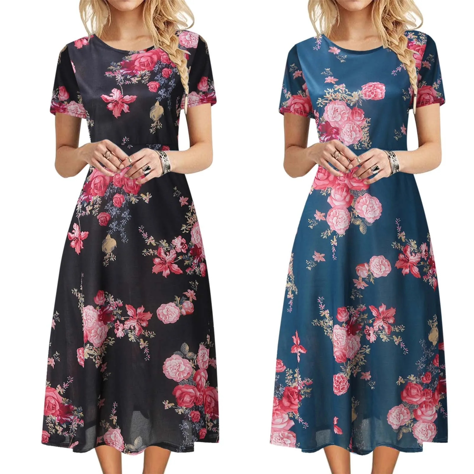 Bohemian Floral Drucken Schaukel Kleid Für Frauen Mode 2023 O Hals Kurzarm Plain Fit Einfache T Hemd Lose Flowy kleid