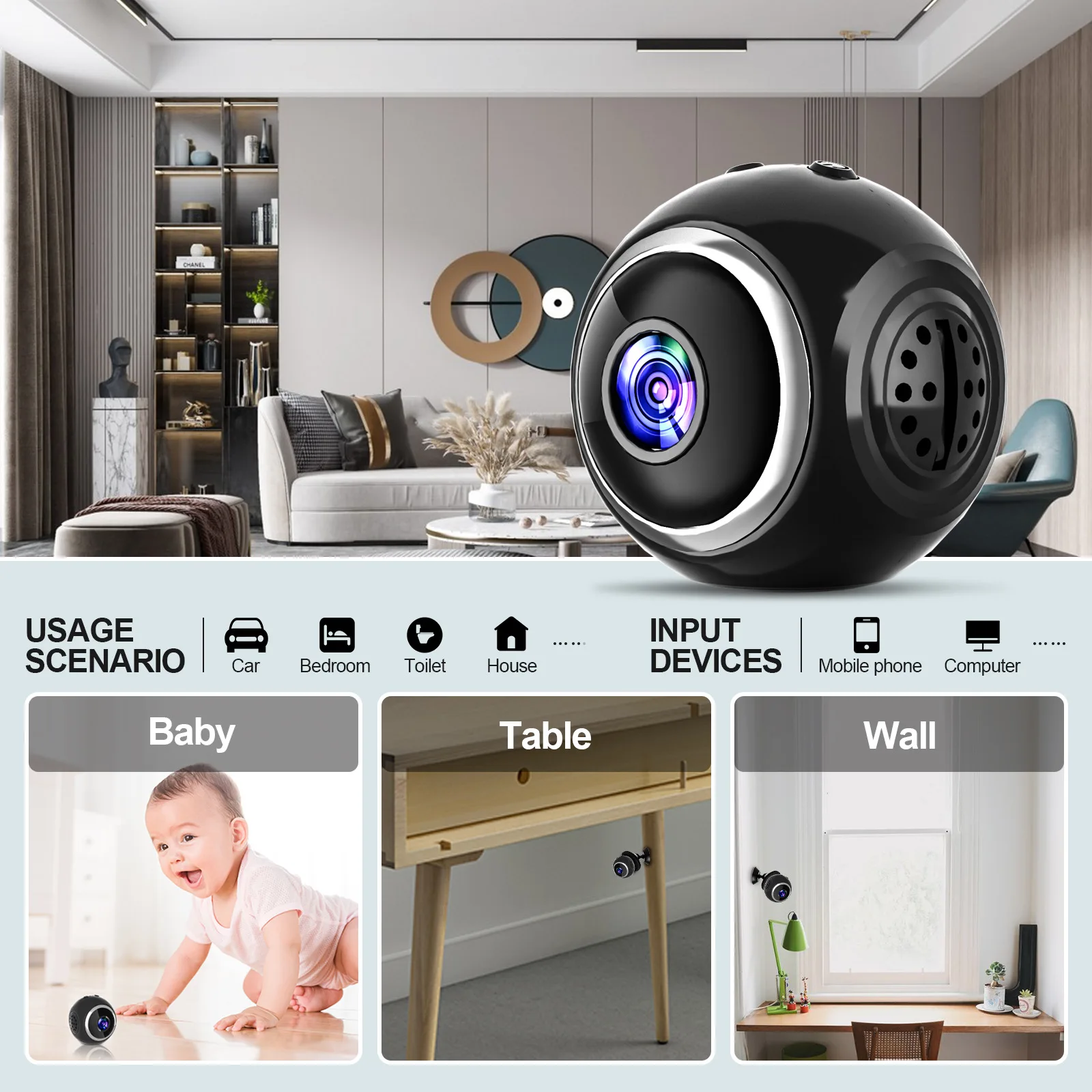 

Mini WiFi Camera 1080P HD Sound Detector for Home Office 360 Degree Panoramic Monitor Corners Micro Baby Monitor For APP Remote