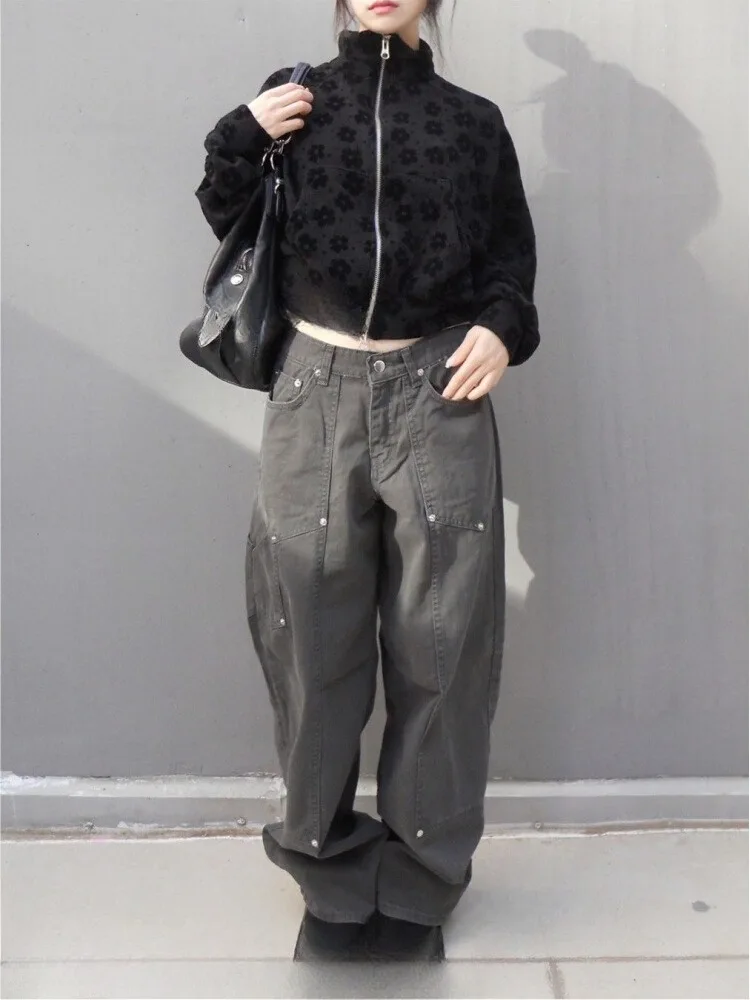 

American Street Rivets Casual Pants for Women Y2k High Waist Loose Wide Leg Pants 2025 New Straight Deep Gray Trousers