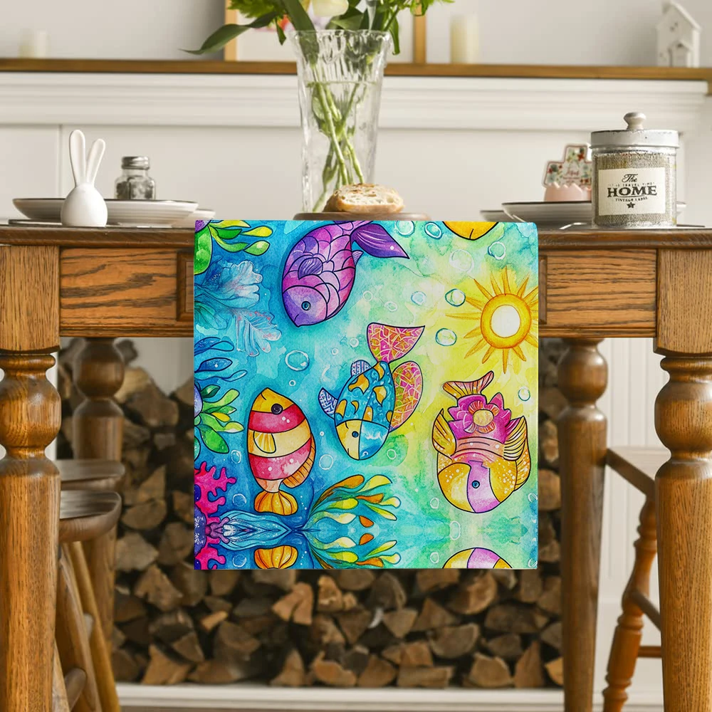 Marine Solar Coral Fish Table Runner Rustic Dining Table Decorations Table Runners for Wedding Party Coffee  Hotel Home Decor