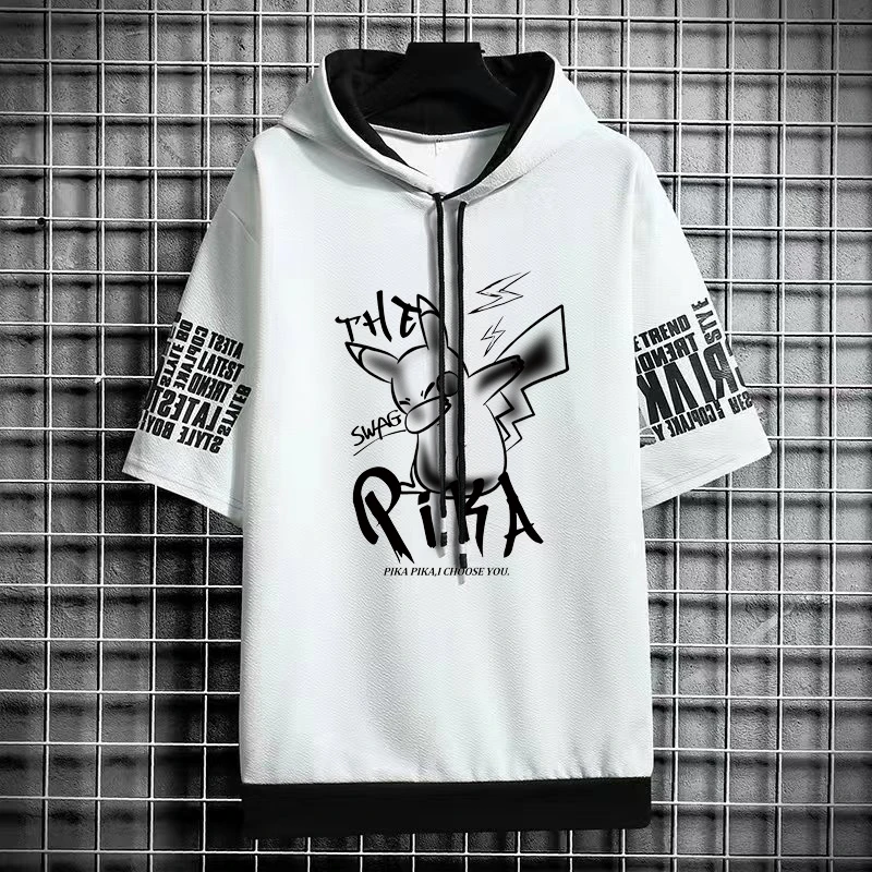 Man Summer Short Sleeve Hooded Graphic T Shirts Harajuku Cartoon Anime Shirt Japanese Streetwear Tees Casual Men Clothing 2024