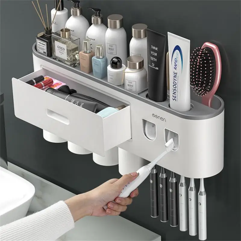 MENGNI-Magnetic Adsorption Inverted Toothbrush Holder Wall -Automatic Toothpaste Squeezer Storage Rack Bathroom Accessories