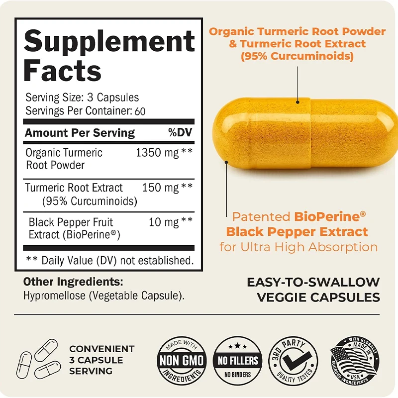 Black pepper, curcumin 1500mg, high absorption supplement, containing 95%, non GMO joint support, 60 capsules
