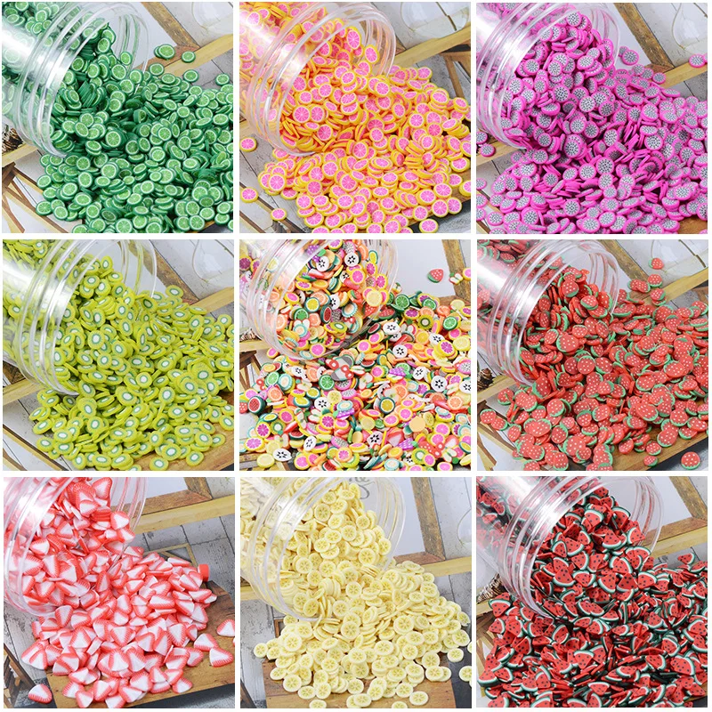 100 g/partia Polymer Hot Clay Sprinkles kolorowe owoce Anmals cukierki Sprinkles dla rzemiosła DIY Making Nail Slimes Slimes materiał