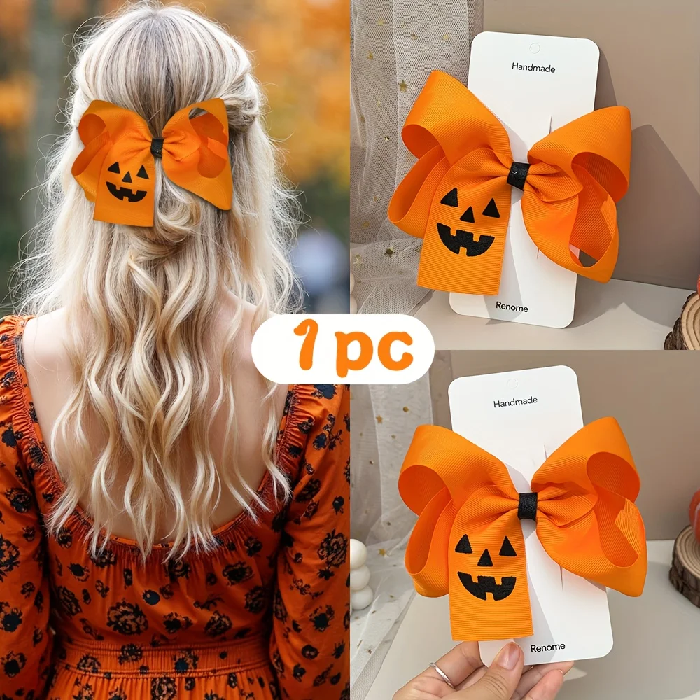 Cute Orange Ribbon Bow Hair Clip Halloween Hair Decor With Pumpkin Smile Print For Halloween Party, Handmade Hair Accessory Gift