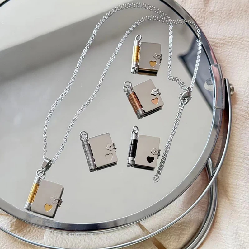 

Stainless Steel Couple Book Pendant Necklace Titanium Steel Love Opening And Closing Book Women's Sweater Chain
