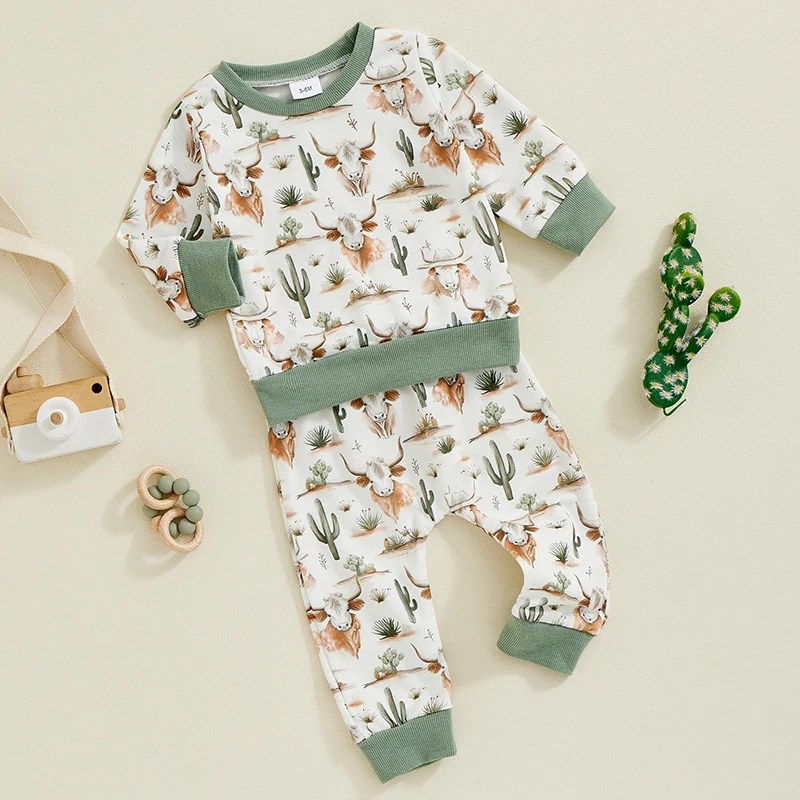 2024-06-26 Lioraitiin Toddler Baby Boy Western Outfit Cow Head Cactus Print Long Sleeve Sweatshirt and Elastic Pants 2Pcs Set