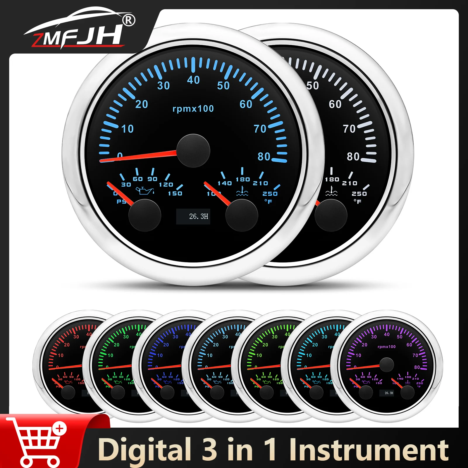 

3 In 1 Gauge 0-8000RPM Tacho Meter 0-150PSI Oil Pressure Gauge 100-250°F Water Temperature Meter For Boat Car Truck 12V 24V