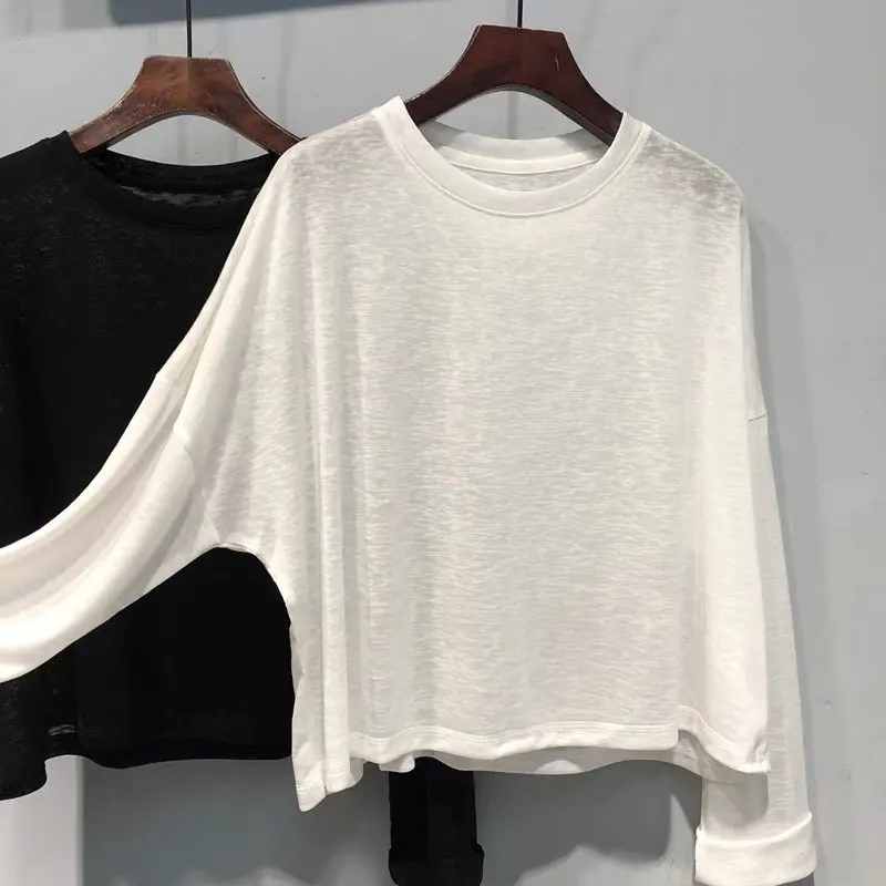 Y2K Women Summer Korean Solid Color Simple Versatile Loose Short Sleeve Tshirt Cotton Linen Sunscreen Shirt