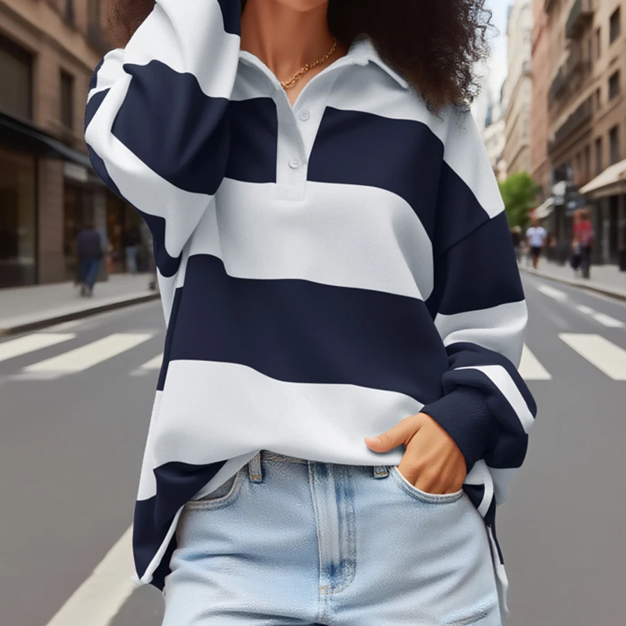 Kollektion 2025, gestreiftes Langarmshirt, klassischer Umlegekragen, lockere Herbst-Patchwork-Sweatshirts