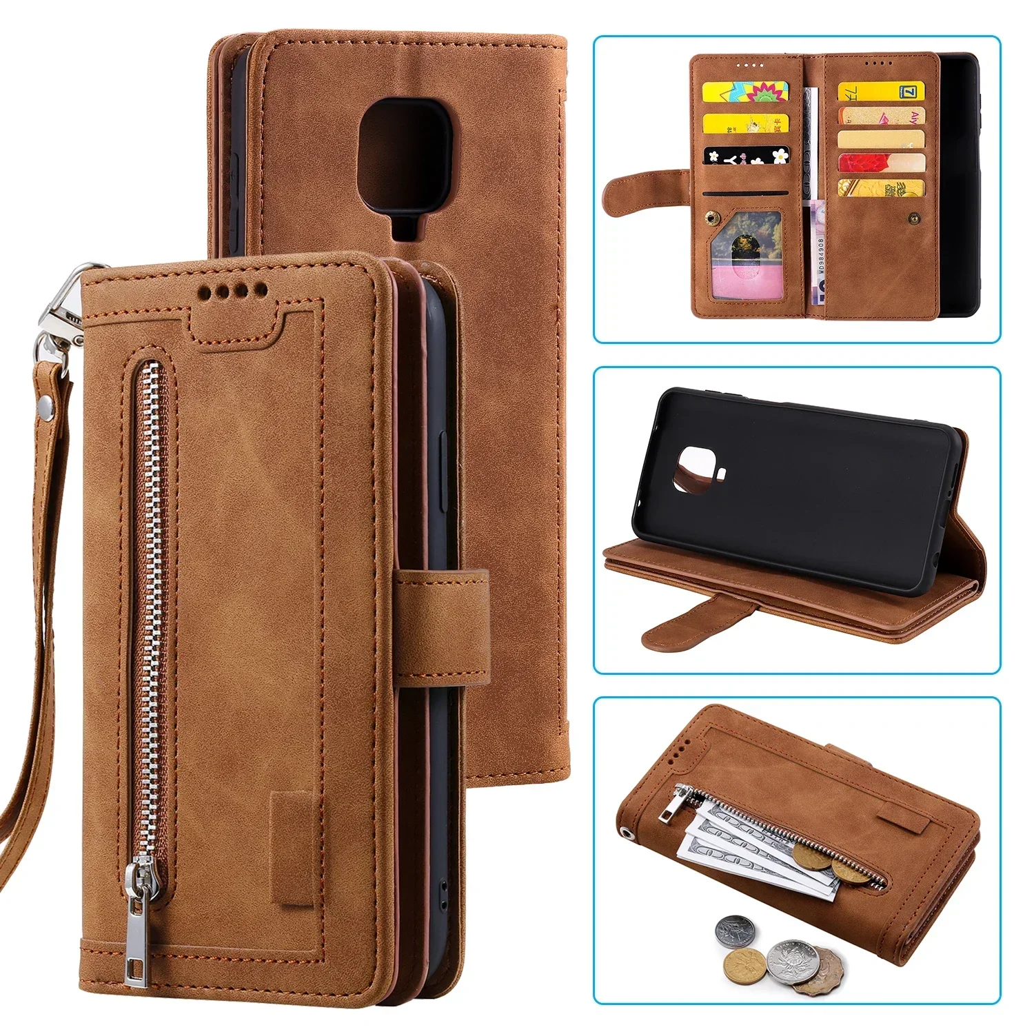 Leather Wallet Case For Redmi Note 13 12 11 10 9 8 Pro Plus 5G 12S 11S 10S 9S Zipper Flip Case Cover For Xiaomi 14 13T 11T Pro