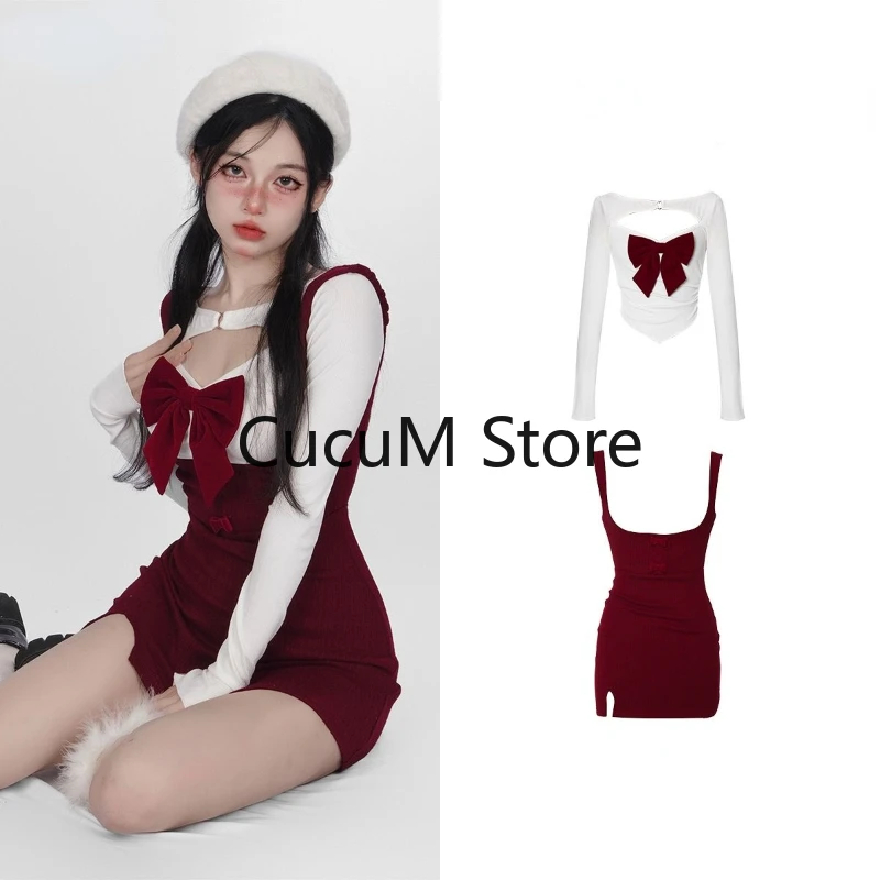 2023 Autumn and Winter Gentle Wind Sweet Hot Dress Girl Bowknot White Long Sleeve T-shirt Red Hip Wrap Dress Fashion Set Korean