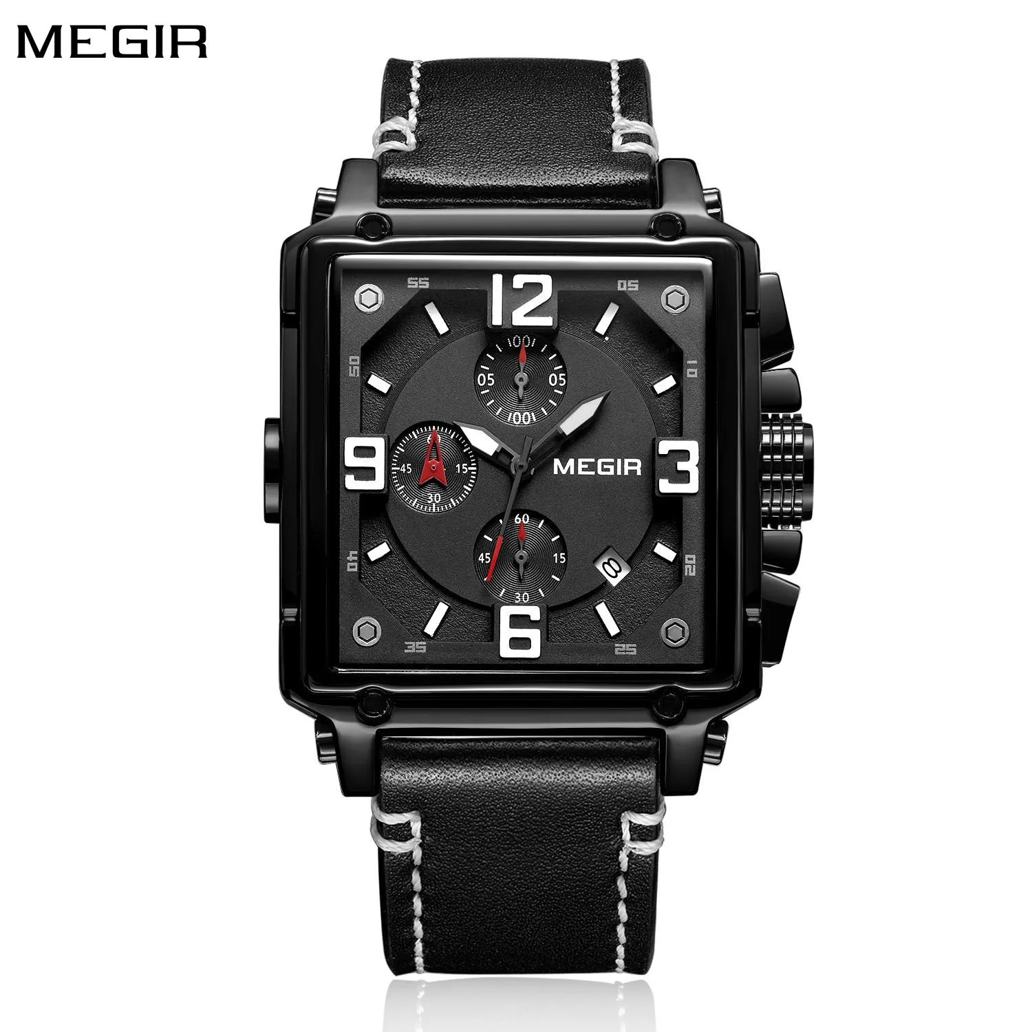 MEGIR Original Fashion Square Quartz Watches Men Sports Military Wristwatch Calendar Waterproof Chronograph Male Montre Homme