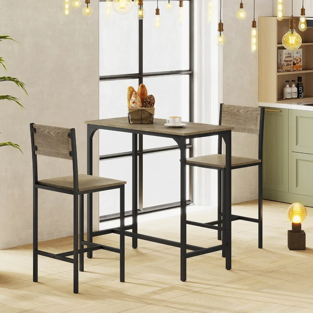 3 Piece Bar Table & Chair Set Kitchen Table w/ 2 Bar Stools for Small Space
