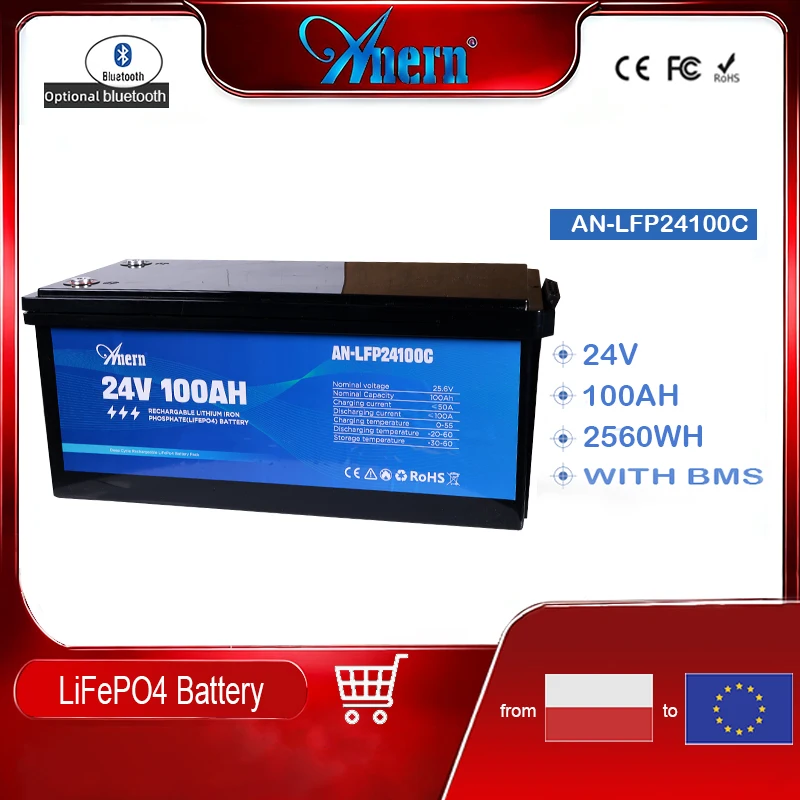 Anern High Quality 2560WH 24V 100Ah LiFePO4 Lithium Battery Built-in BMS for Inverter Motorhome Solar System Boat Household