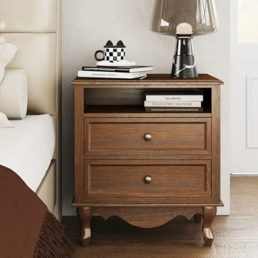 Solid Wood Nightstand, Fully Assembled Night Stand with 2 Drawer and Open Shelf Storage, Bedside Table with Charging Station, M