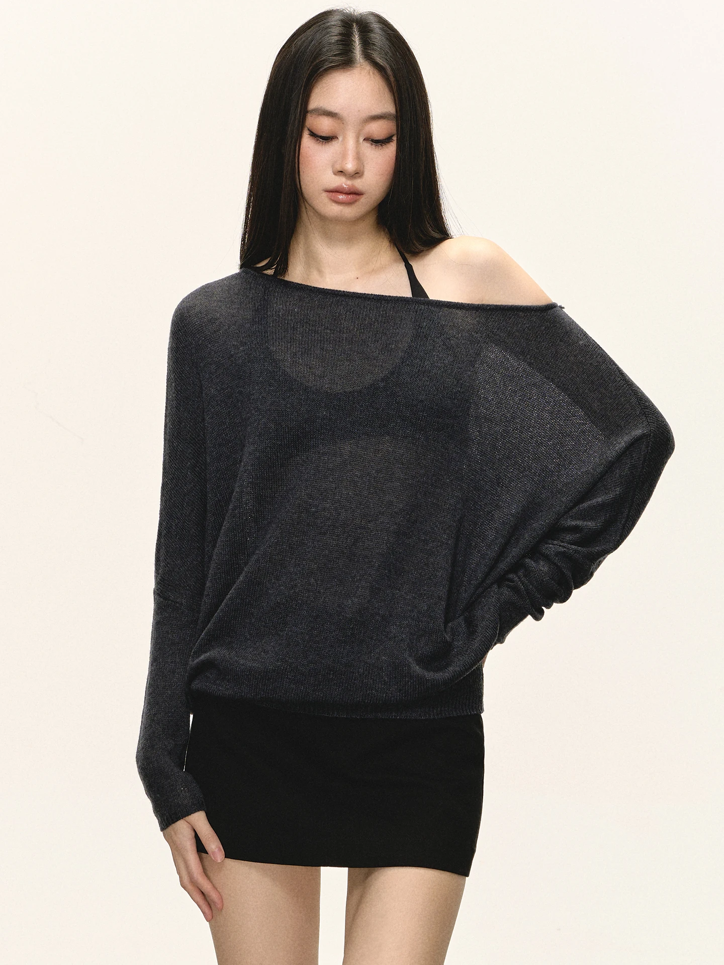 

Женская свободная вязаная футболка Anna Aneae с длинным рукавом и открытыми плечами, повседневная, удобная, черная, для весны и осени