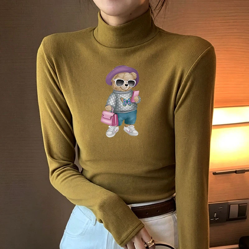 Winter Women's Thermal Brushed Fleece Half Mock Neck Long Sleeve T Shirt Fashion Bear Phone Bag Graphic Warm Tee