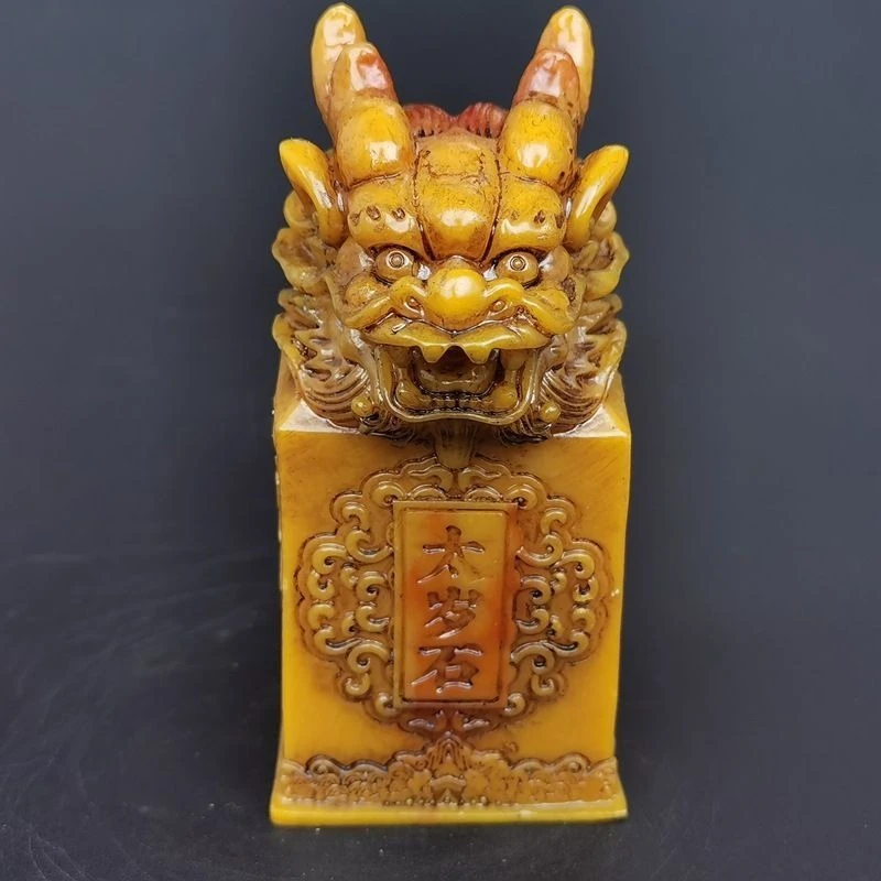 Antique Resin Carving Crafts Dragon Head seals Hand Handles Folk Art Collections Desktop Decorative Ornaments
