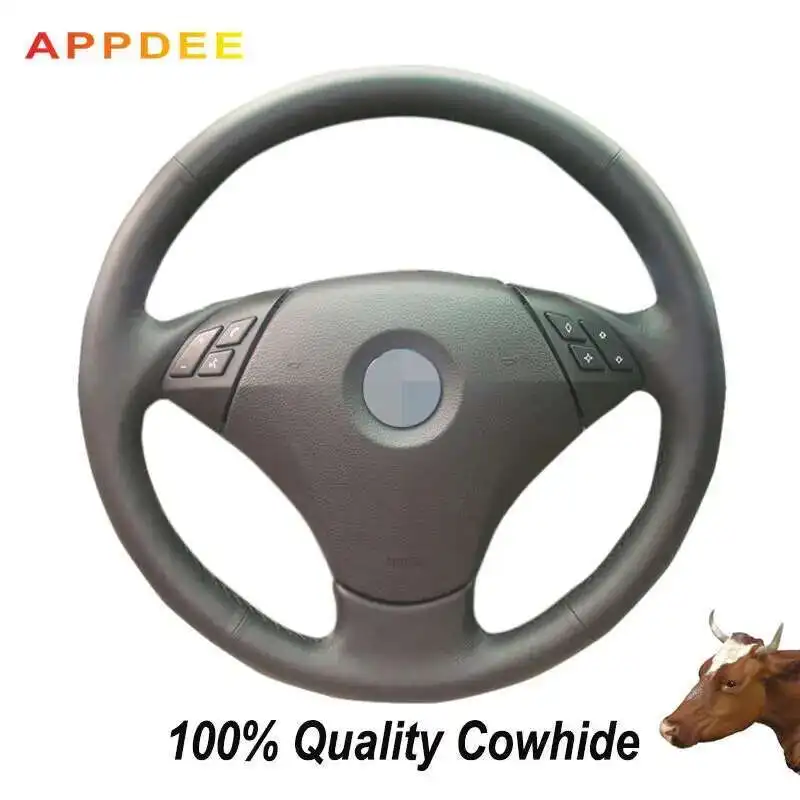 APPDEE Black Genuine Leather Car Steering Wheel Cover for BMW 530 523 523li 525 520li 535 545i E60