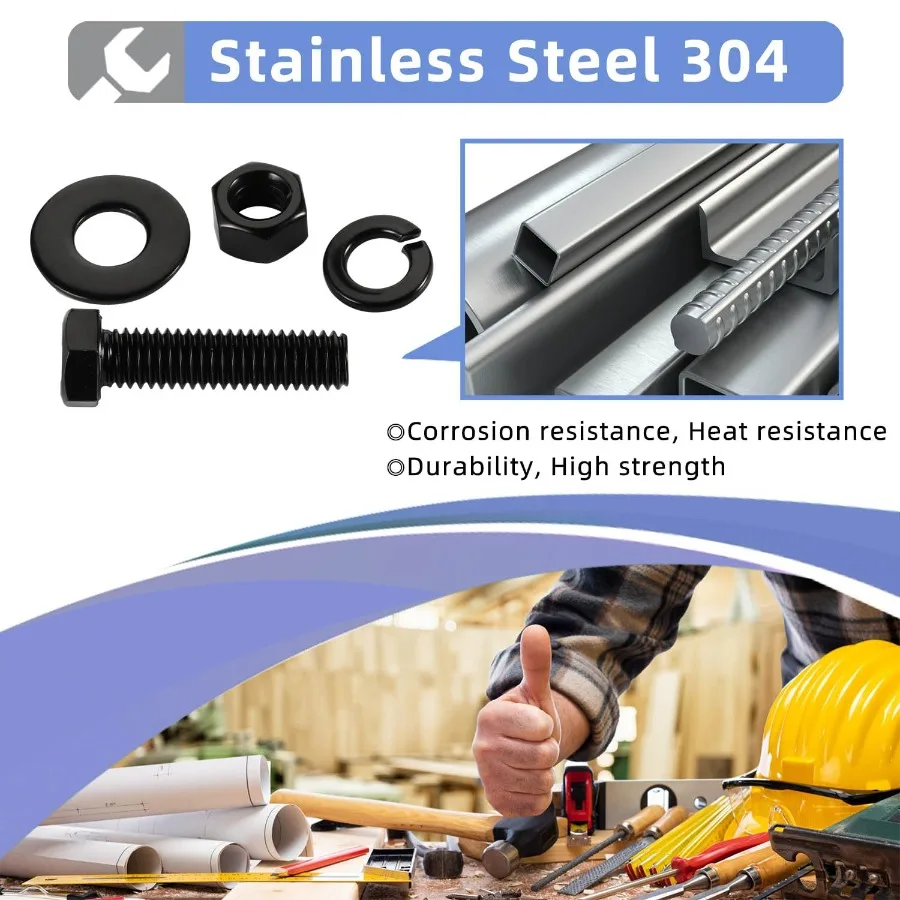 1 420 x 3 Viti esagonali Bulloni Dadi Piatti e Bloccaggio Washe Acciaio inossidabile completamente filettato 188 Finitura nera 8 set