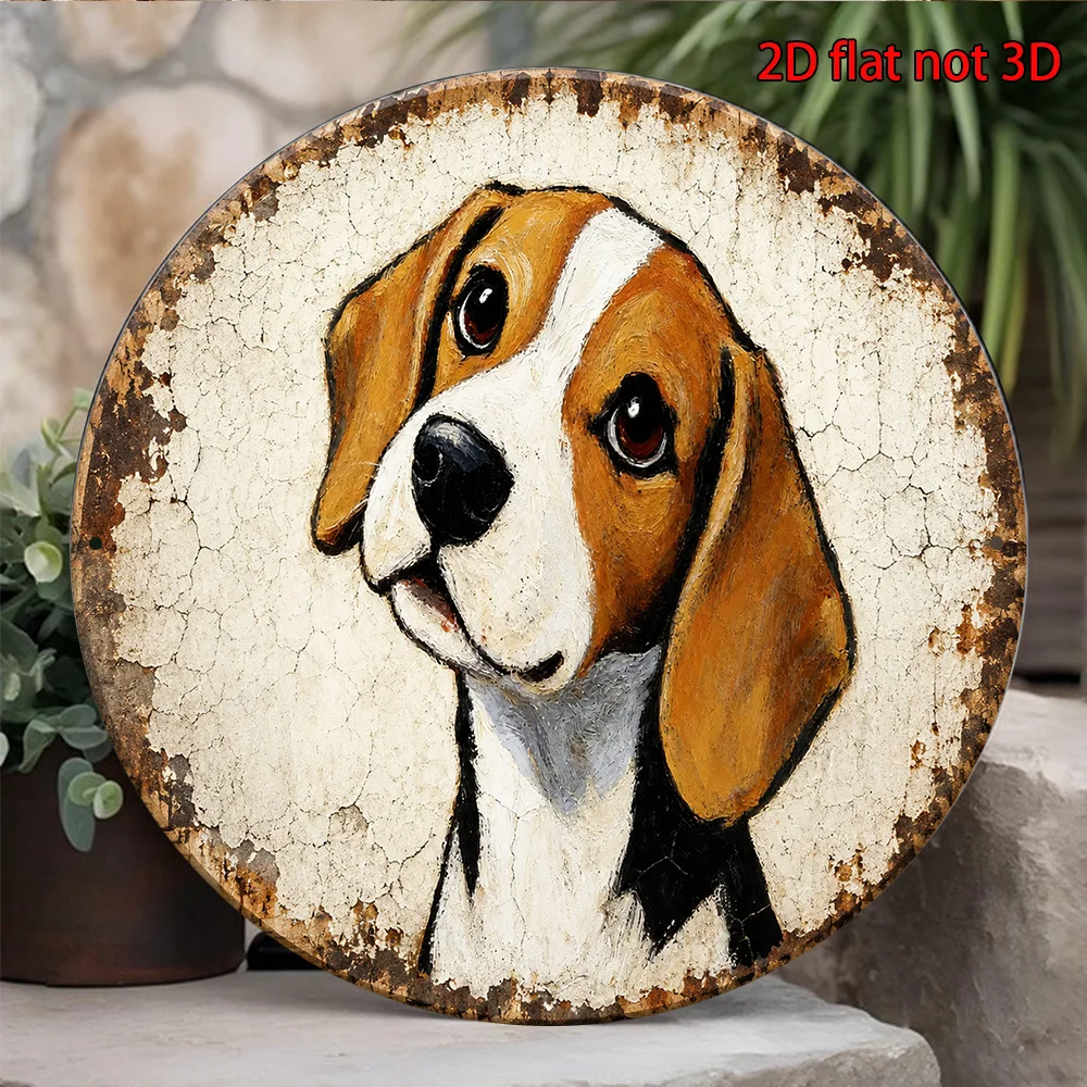 2D Flat, 1pc 8 X 8 Inches/20 X 20 Cm Round Sign, Vintage Beagle Dog Decorative Plaque, Cute Pet Dog Artwork Decor Sign, Suitable