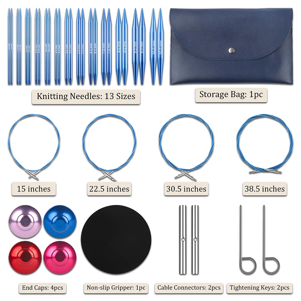 40Pcs Interchangeable Circular Knitting Needles Set - 13 Pairs | 3.0-10.0mm Blue Premium Aluminum Knitting Needles & Accessories