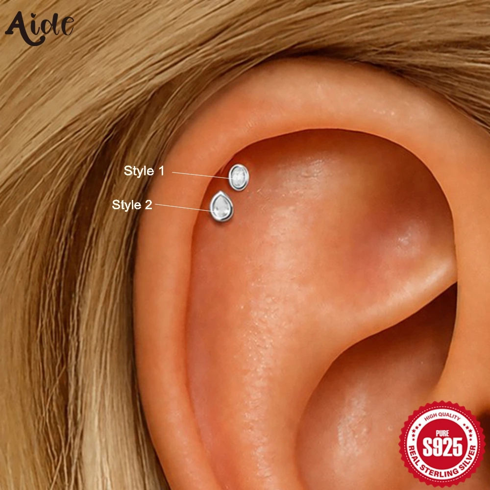 Aide 925 Sterling Silver Shiny Minimalist Design Zircon Flat Back Piercing Earring for Women Internal Thread Party Gifts For Her