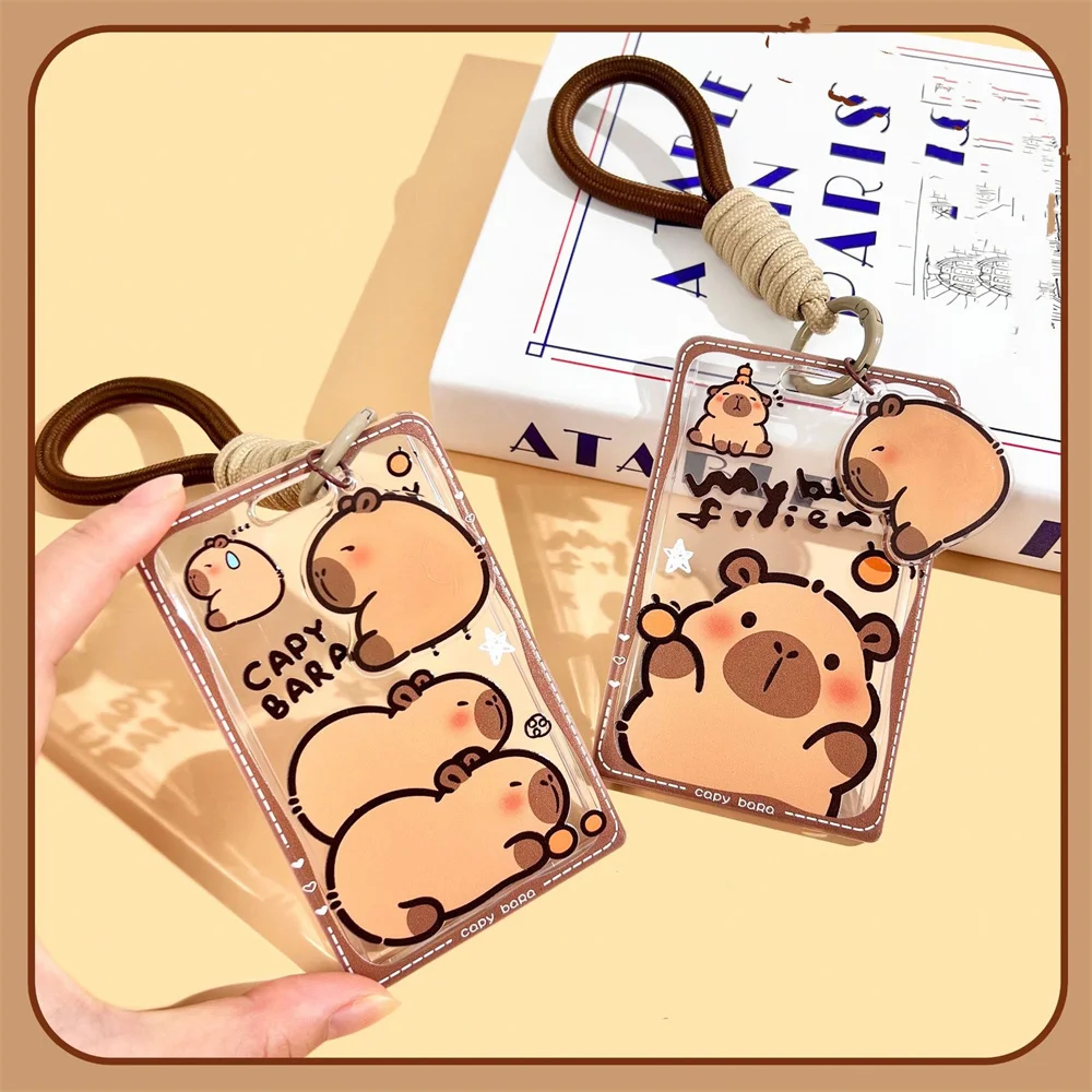 Tempat Kartu Tempat Kartu Foto Kapibara Lucu dengan Gantungan Kunci Kotak Pelindung Foto Transparan Hadiah Alat Tulis Lengan Lencana Siswa