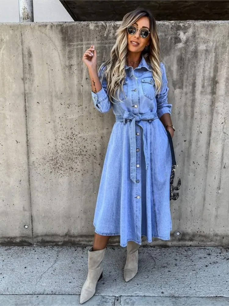 2024 Spring Autumn New Denim Dress Women Blue Long Sleeve Single Breasted Lace Up Dress Fashion Casual Lapel A-line Dresses Lady view 2