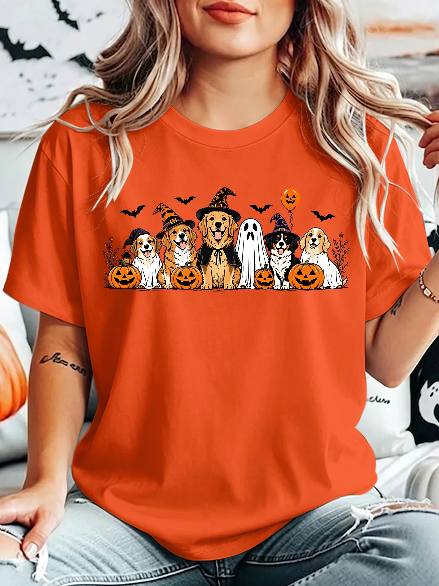 Halloween Multi Breed Dog Ghost Witch Hat Womens Crew Neck Short Sleeve T Shirt Spooky Pumpkin Bat Graphic Tees For Ladies