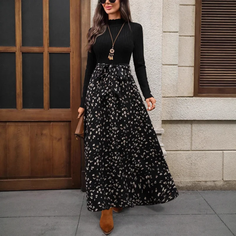Winter nieuwe retro damesjurk met ronde hals en lange mouwen, zwart bedrukte swingjurk
