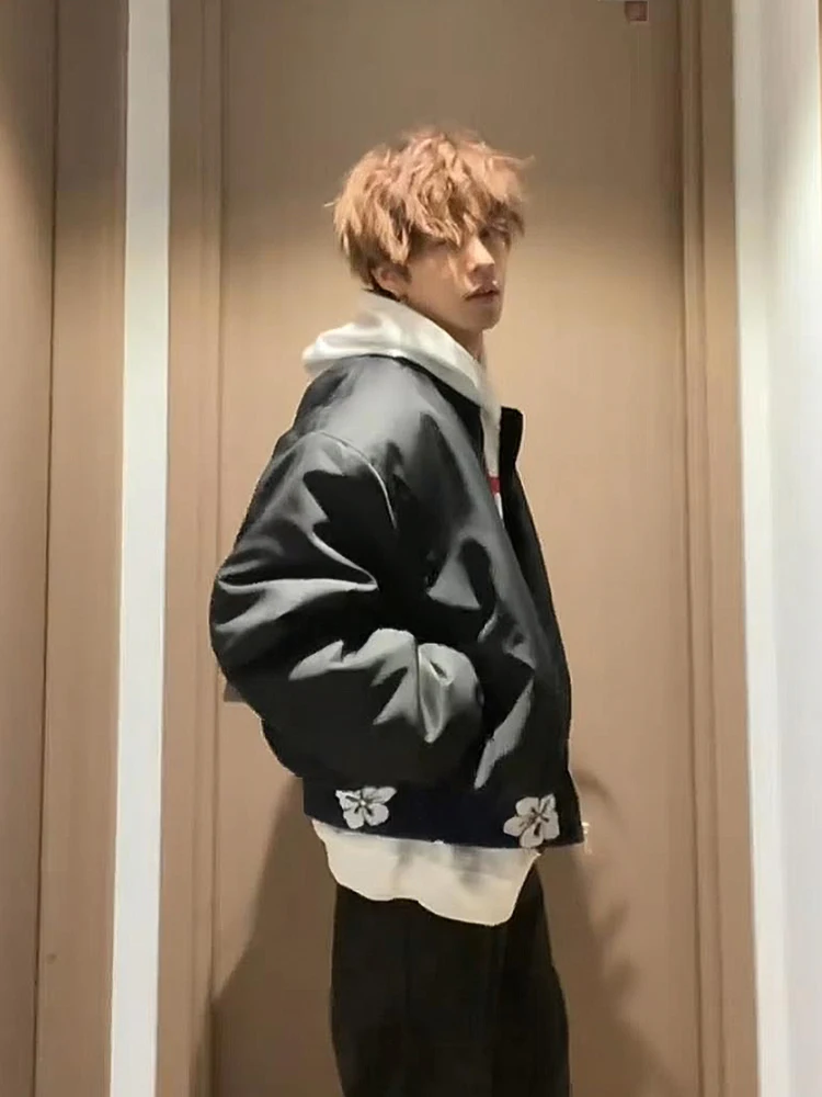 

American High Street Sle Pilot Jaet Cotton Coat Men's ort Winter Faion Cleanfit Floral Embroidery Casual Loose Fit