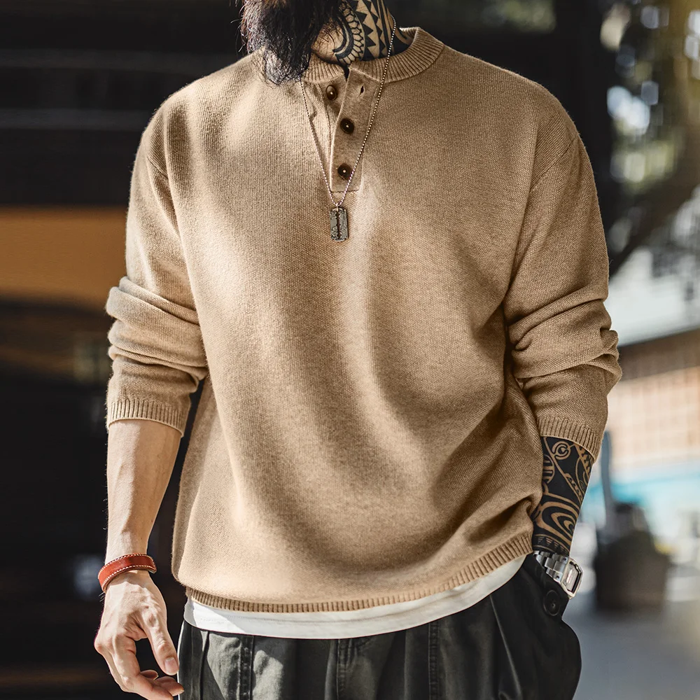 Maden Vintage Knitted Henley Collar Pullover Wool-blend Bottoming Sweater Men's Versatile Khaki Knitwear for Autumn and Winter