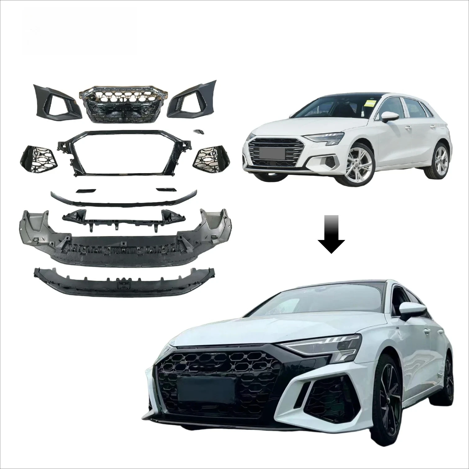 

Комплект обвесов для Audi A3 2021-2024: Обновление до стиля Audi A3 RS3, новый дизайн, решетка радиатора, передний бампер, высококачественная решетка из полипропилена