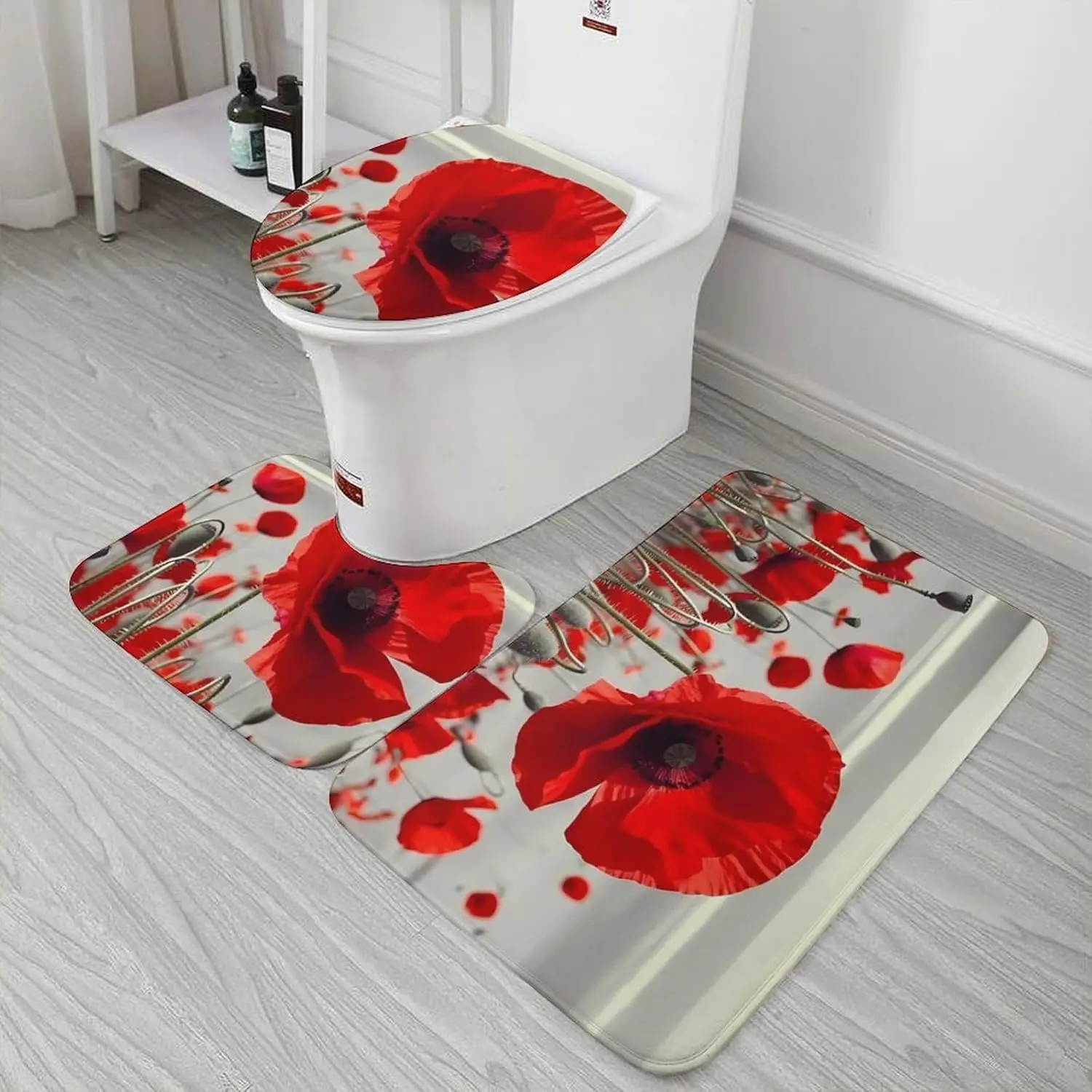 3 Piece Bath Rug Set Non Slip Absorbent Bath Mat Contour Mat with Toilet Lid Cover Red Poppy Flower Soft Floor Mats for Bathroom