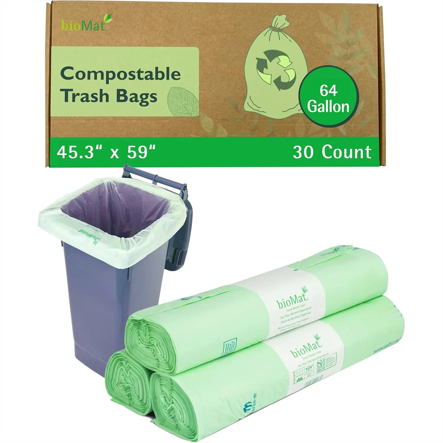 

Compostable Trash Bags 64 Gallon, 30 Count Extra Large Kitchen Food Scrap Bin Liners, BPI & OK Compost HOME Certified