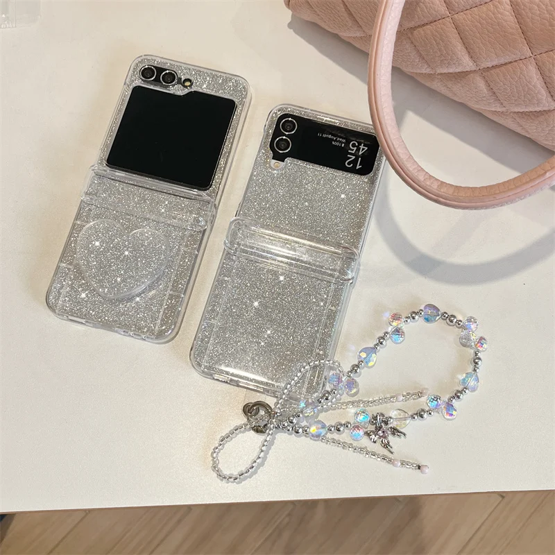 3D Love Heart Glitter Cards Bracelet Phone Case For Samsung Galaxy Z Flip 5 4 3 Z Flip5 ZFlip 5 ZFlip5 Insert Cards Clear Cover