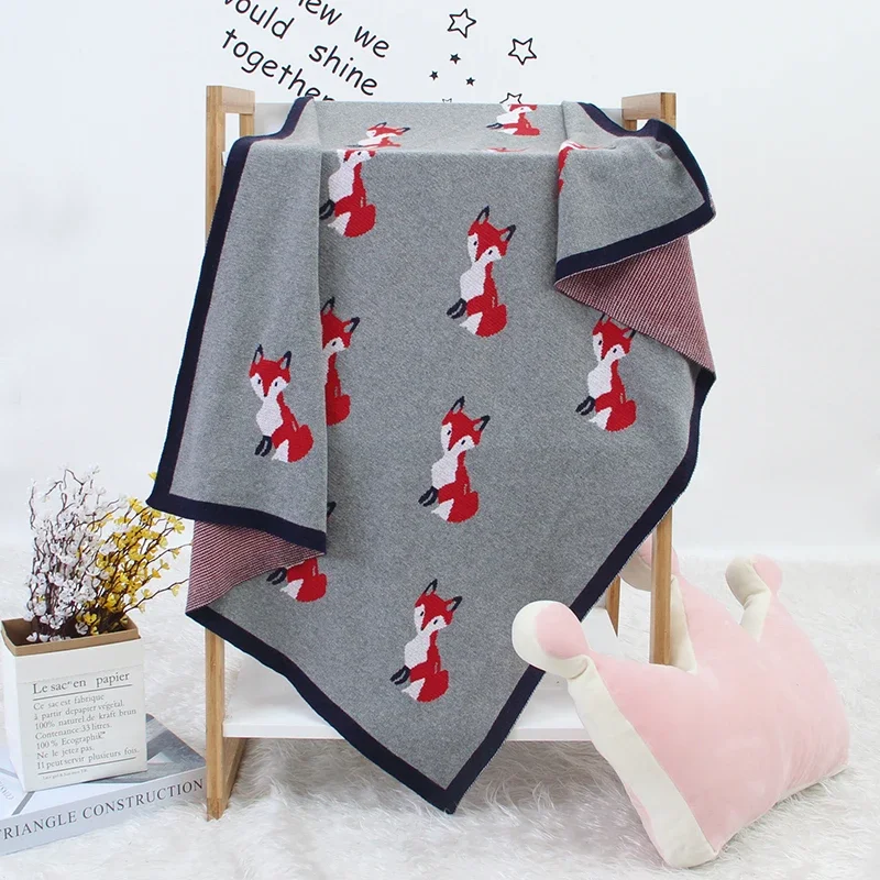 Newborn Baby Blanket Cotton Plaid Knit Infant Boy Girl Bed Sofa Soft Quilt Toddler Kid Sleeping Sack Cute Fox Stroller Swaddling