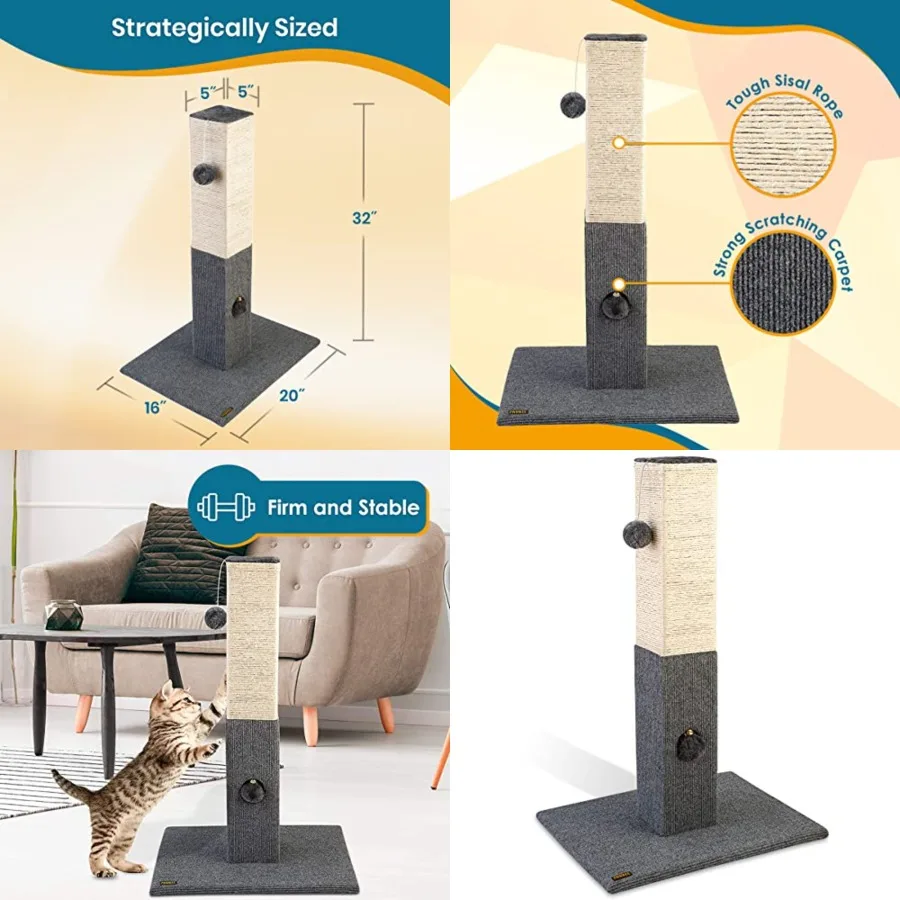 

32" Cat Scratching Post with Jingle Bell and Softball, Sisal Rope Tower for Indoor Adults Large Cats